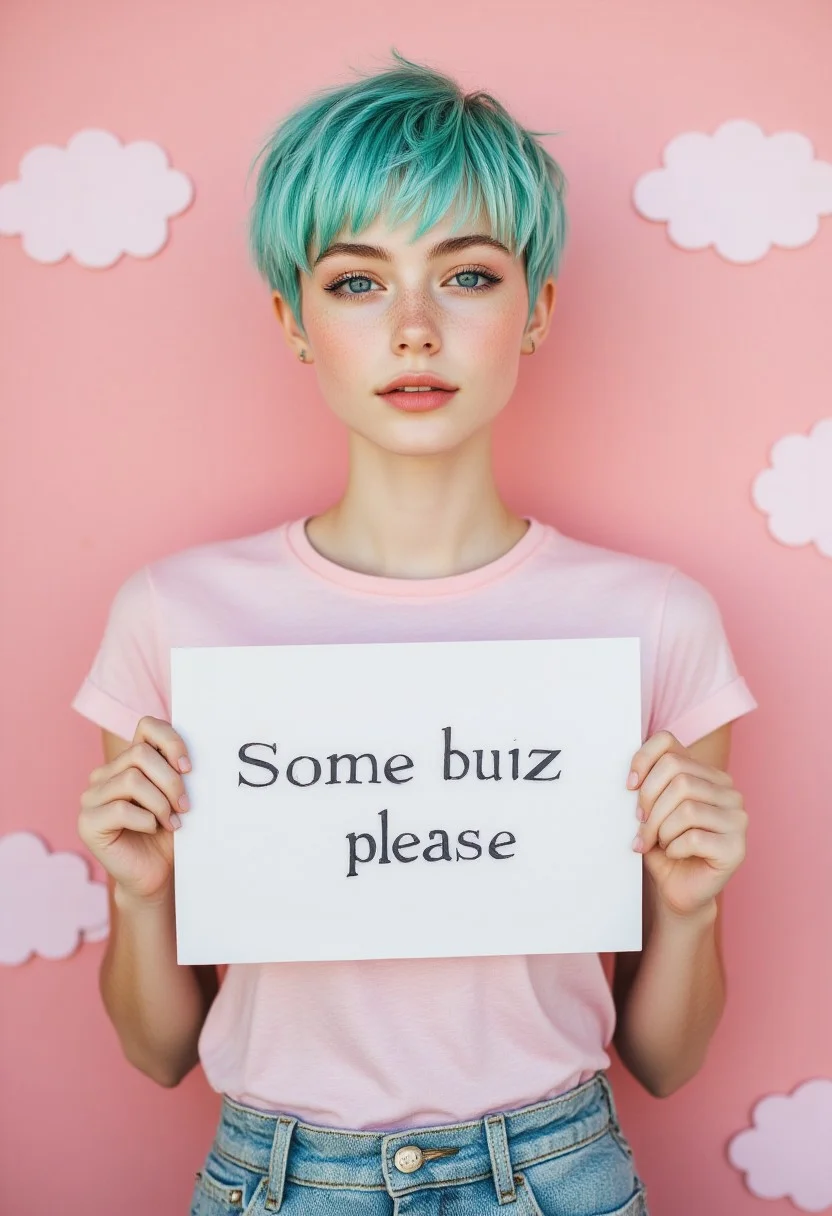 FictionalVicky short teal pixie cut hairstyle,pale white skin,blue eyes, holding a sign saying "Some buzz please" background of pink clouds