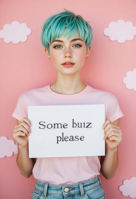 FictionalVicky short teal pixie cut hairstyle,pale white skin,blue eyes, holding a sign saying "Some buzz please" background of pink clouds