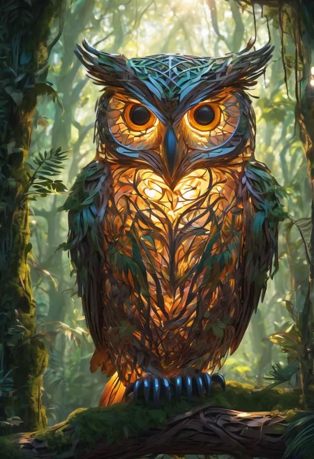 An awe-inspiring glowing owl made out of wood and vines in a jungle, forest, sun, feathers, prismatic, wood, vines, cinematic, colorful, style-nebmagic