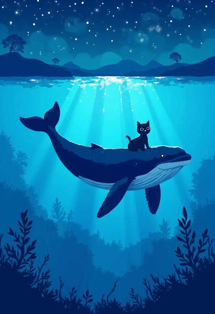 whale swimming in azure lake beautiful night, beautiful drawing with sequins, A little black cat in a bubble floating under the ocean,<lora:minimalist_flat_illustration_nbm:1.0><lora:797682346066255041:0>