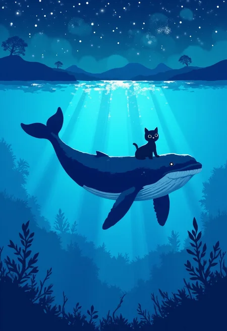 whale swimming in azure lake beautiful night, beautiful drawing with sequins, A little black cat in a bubble floating under the ocean,<lora:minimalist_flat_illustration_nbm:1.0><lora:797682346066255041:0>