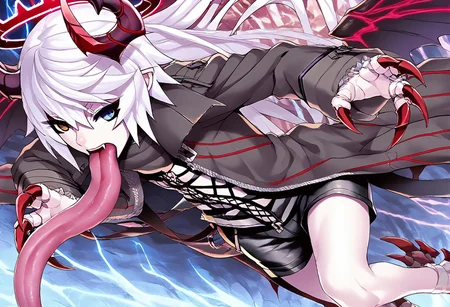 Score_9, Score_8_up, Score_7_up, Score_6_up, Score_5_up, Source_anime, rating_safe, 1boy, Vandelieu, emotionless face, white hair, heterochromia, red and blue eyes, black shirt, black shorts, black trenchcoat, walking, looking at viewer, {{{claw, sharp nails, very long fingernails:2}}}, claw pose, seraph wings, 6 wings, red crown halo, demon horns, ram horns, open mouth,very long tongue, tongue attack viewer, dark kingdom, dutch angle