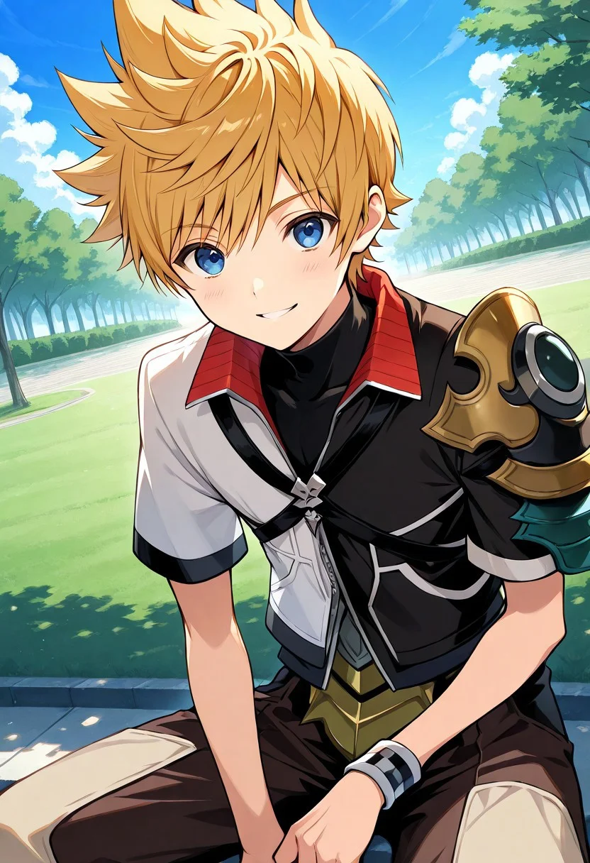 score_9, score_8_up, score_7_up, source_anime, prefect lighting, very aesthetic, intricate details, highly detailed background, masterpiece, high quality, prefect hands, best quality, ventus, 1boy, male focus, solo, blue eyes, blonde hair, spiked hair, shirt, black shirt, turtleneck, jacket, multicolored jacket, multicolored clothes, black jacket, white jacket, lapels, red lapels, zipper, zipper pull tab, short sleeves, shoulder armor, wristband, multicolored pants, black pants, brown pants, capri pants, shoes, sitting, gentle smile, looking at viewer, outdoors, park, blue sky, clouds, cowboy shot, dutch angle