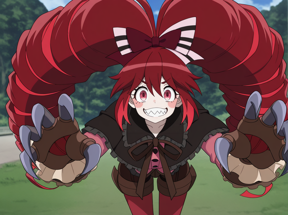 masterpiece, best quality, amazing quality, very aesthetic, absurdres, newest, anime screenshot anime coloring,  <lora:MichaJawkan:1>michajawkan, 1girl, solo, blush stickers, red hair, long hair, twin drills, teeth, sharp teeth, drill hair, claw (weapon), red eyes, bow, joints, doll joints, antenna hair