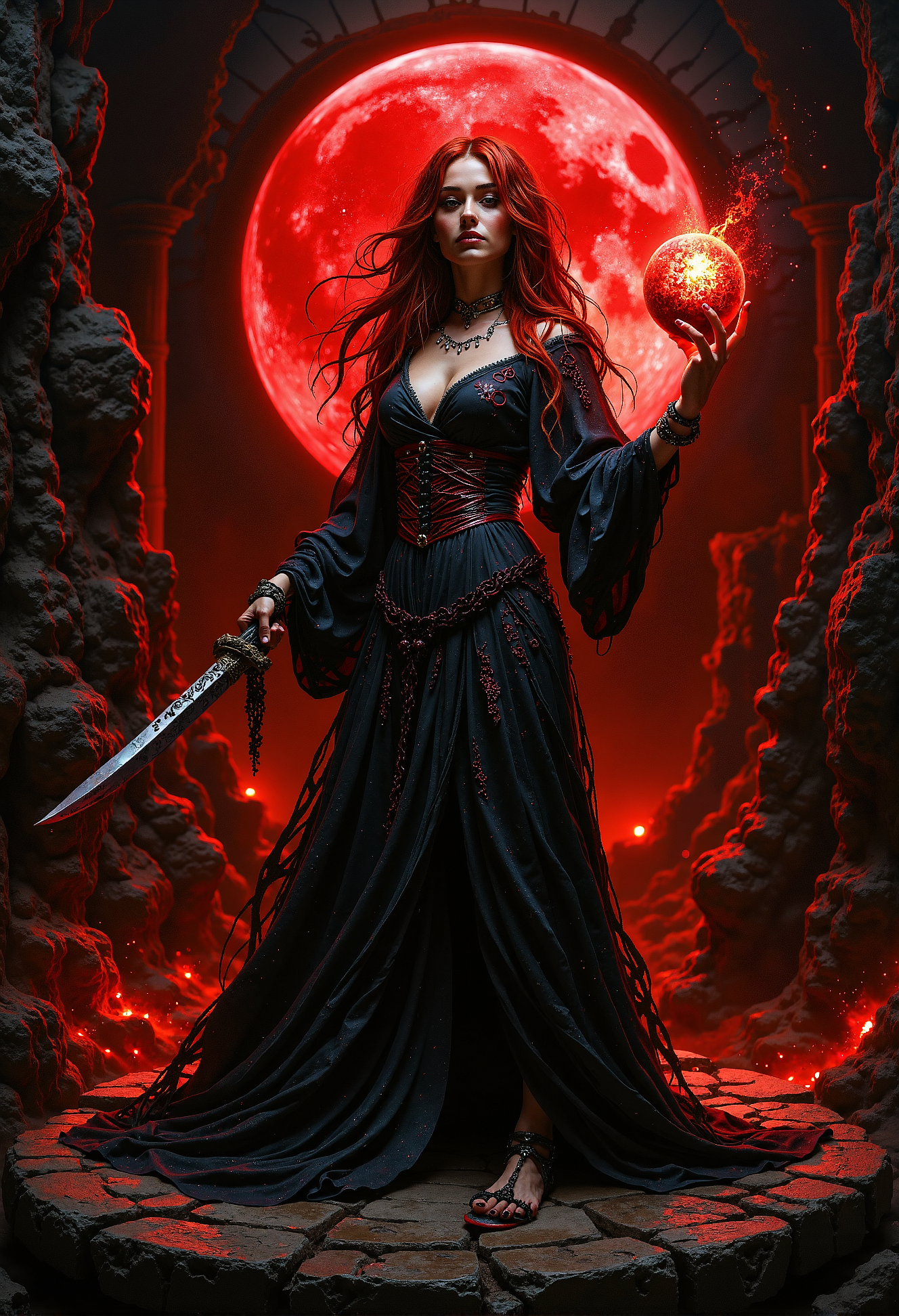 A captivating blood moon priestess stands at the center of an ancient, stone altar bathed in crimson moonlight. She wears a flowing, sheer robe that clings to her curves, embroidered with dark red and black runes. Her long, blood-red hair cascades over her shoulders, and her eyes, glowing with a deep, otherworldly red, are filled with a mysterious power. She holds a ritual dagger in one hand, the blade glistening under the blood moonâs eerie light, and her other hand hovers above a glowing orb that pulses with dark magic. The atmosphere is thick with tension and arcane energy, capturing the seductive and ominous presence of the priestess.