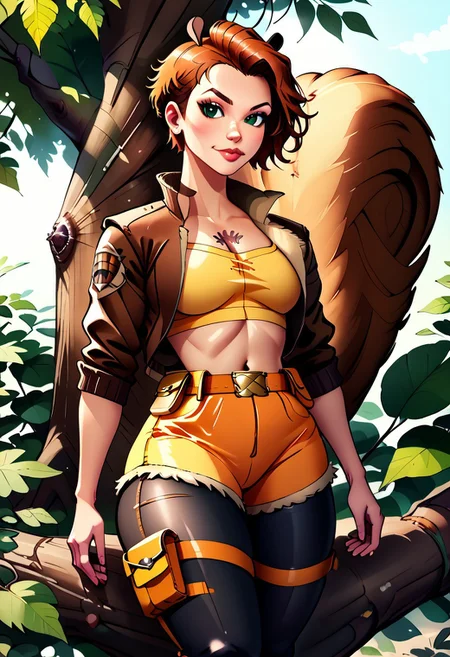 score_9, score_7_up, Doreen Allene Green, Marvel_Squirrel_Girl, Age 39, Caucasian, Fake Boobs, Bust 91cm, boobs 36E, Waist 78 cm, Hip 96 cm, BBL, Height 167cm, Weight 61kg,  Auburn hair, short hair, crewcut. buzzcut, tomboy, green eyes, pierced navel, Tattoos, tattoo of acorns and oak leaves, on the small of back, Shoe Size 37eu, thicc, hiking boots, yellow cargo shorts, black tights, Brown fur lined bomber jacket, Yellow tank top, leather utilitys belt, Oak trees, nuts,