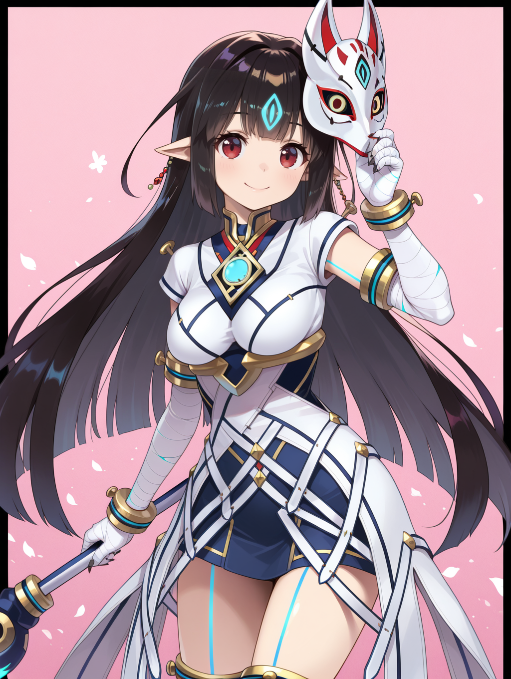 kasandra \(xenoblade\), 1girl, solo, smile, looking at viewer, white fox mask, holding fox mask, hand up, white japanese dress, white bandaged legwear, white bandaged gloves, ball earrings, black border, blue body tattoo, blue chest jewel, black sharp fingernails,
masterpiece,best quality,amazing quality,very aesthetic,absurdres,newest,<lora:Xenoblade Chronicles 2 - Kasandra illusXL v1.2:0.75>,