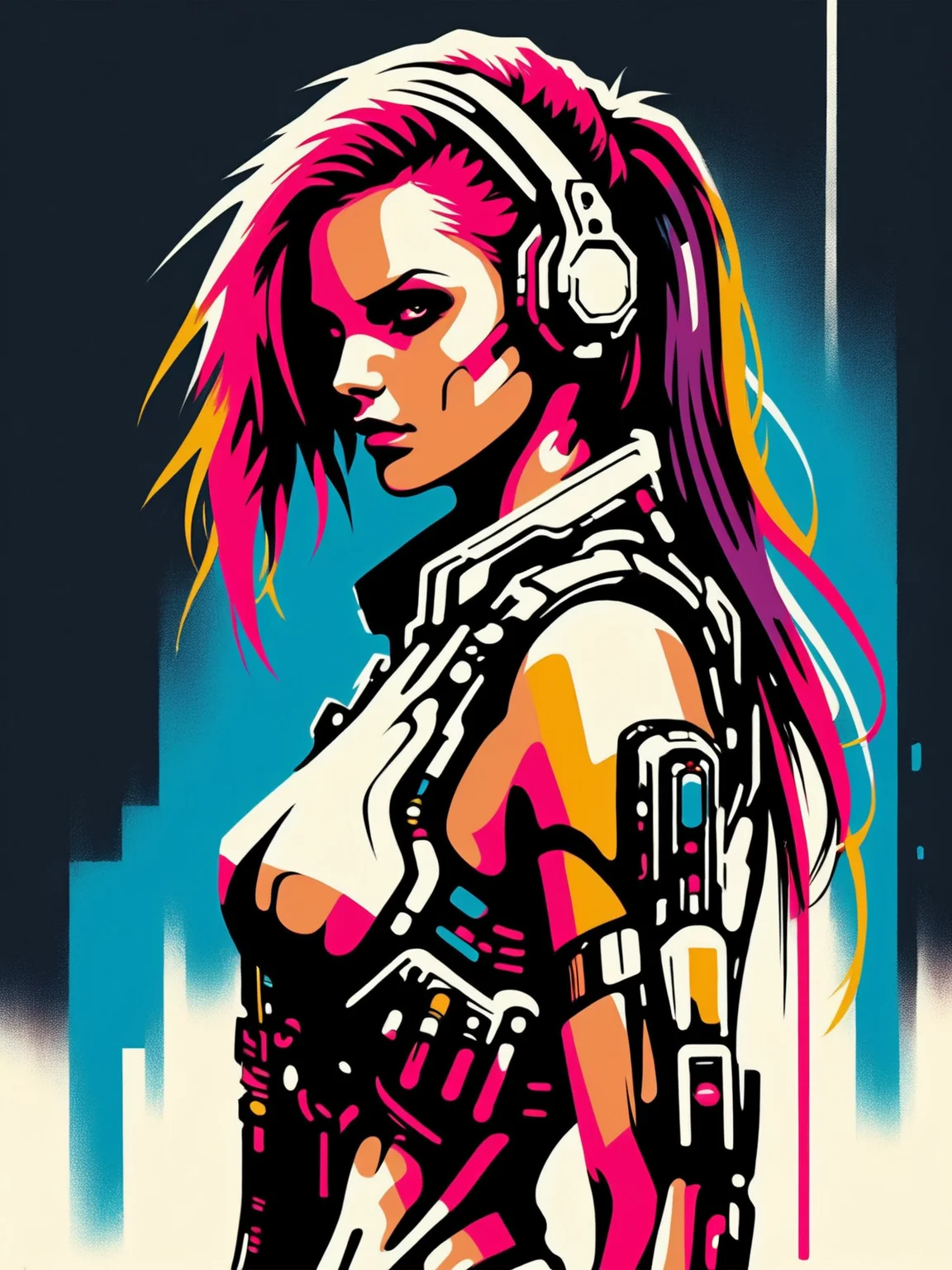 mad-stncl, woman, cyberpunk <lora:Stencil_Art_SDXL:0.8>, (masterpiece:1.2), best quality