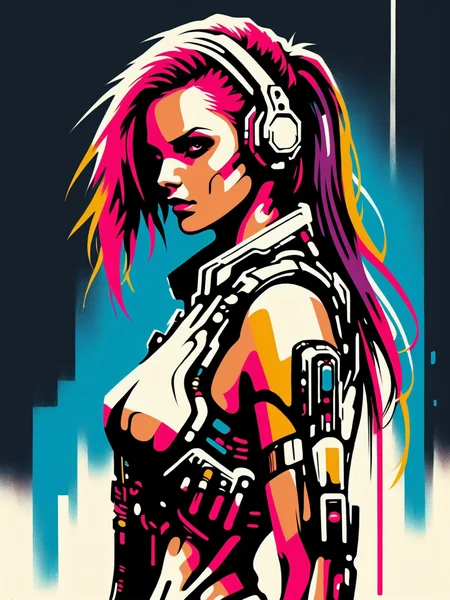 mad-stncl, woman, cyberpunk  <lora:Stencil_Art_SDXL:0.8>, (masterpiece:1.2), best quality