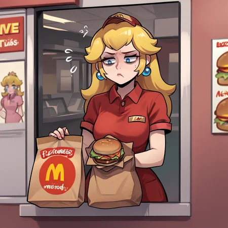 score_9, score_8_up, score_7_up, score_6_up, score_5_up, score_4_up, zPDXL2,source_anime,rating_questionable,1girl, burgers, bag, princess peach, tired, annoyed, <lora:Drive-Thru_Window:0.7> dr1v3thru, employee uniform,