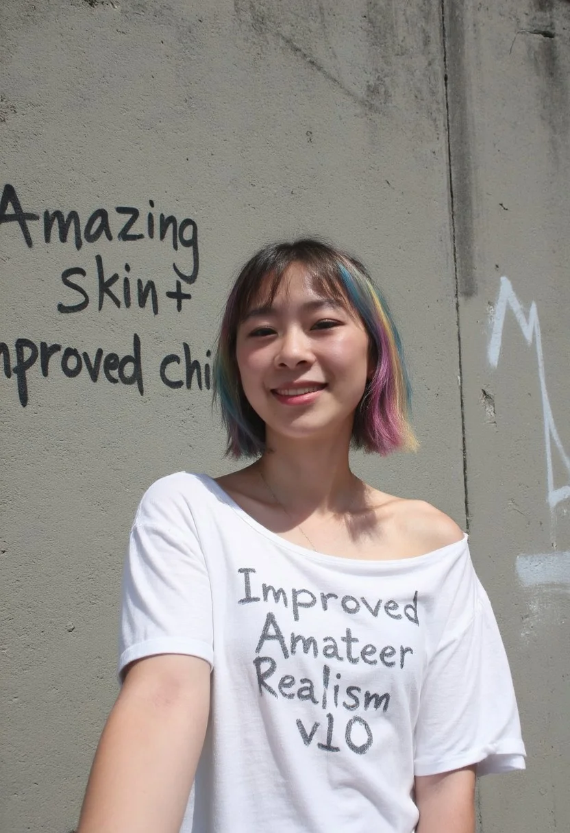 early 2010s snapshot photo captured with a phone and uploaded to facebook, A selfie of a young japanese woman standing in front of a concrete wall with graffiti on it that reads "amazing skin + improved chins". She is wearing a slightly off-shoulder baggy white t-shirt with the text "Improved Amateur Realism v10" written on it. She has short hair styled in a bobcut and dyed in multiple rainbow-like colors. She is happy and smiling. Shot during the day with natural lighting and sunshine.