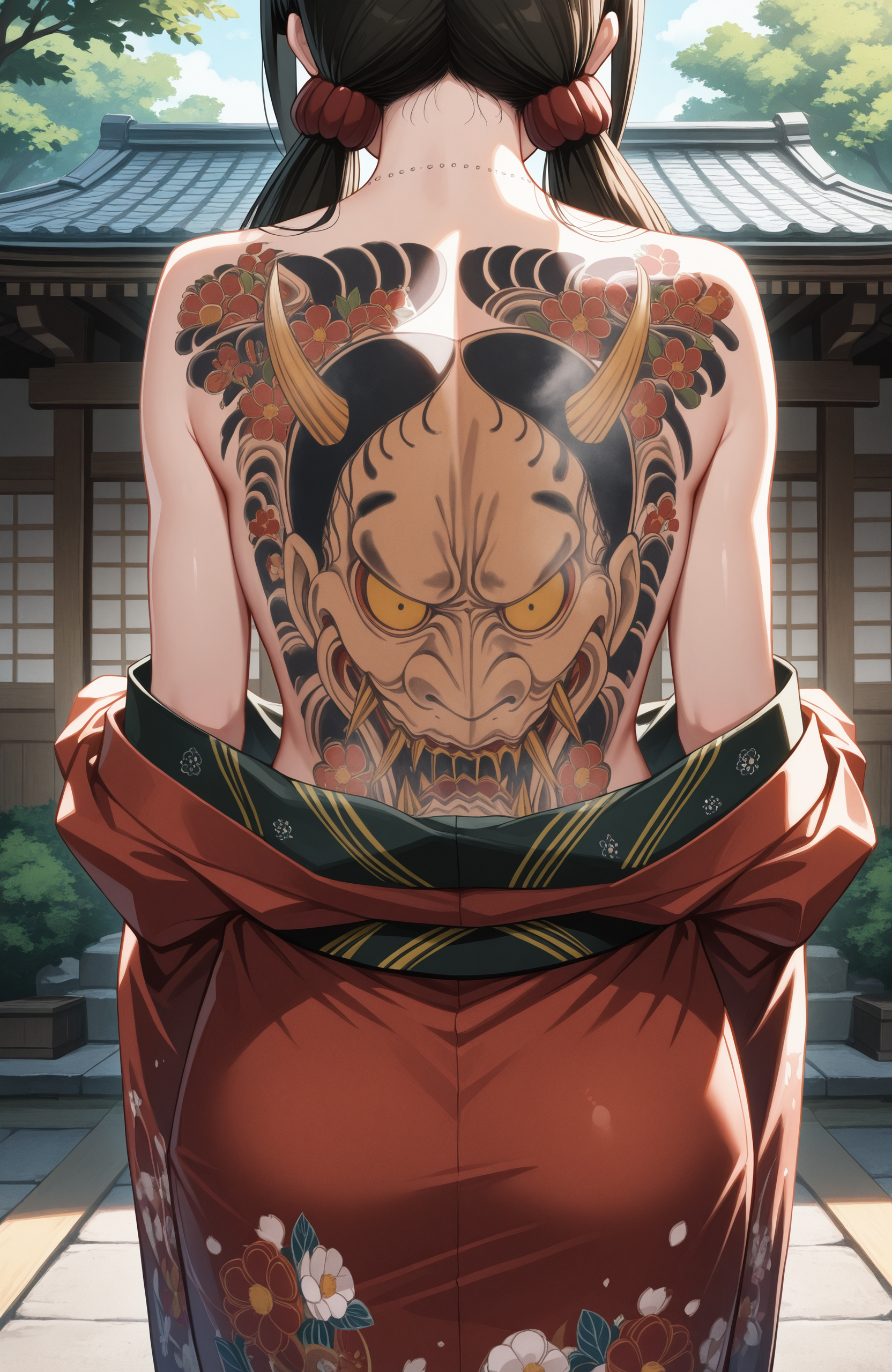 masterpiece, best quality, 1girl, back tattoo, harukawa maki, outdoors, kimono, off shoulder, topless,   <lora:Hannya:1>