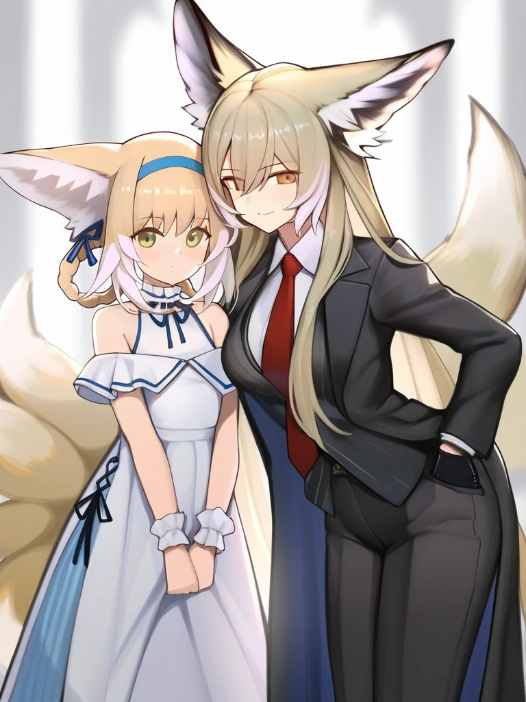 masterpiece, best quality, very aesthetic, highres, absurdres,(miurahha, bacius, ririko \(fhnngririko\):0.4), <lora:vulpisfoglia:1>,white shirt, wrist cuffs, red necktie, suzuran (arknights), off shoulder, black coat, dress, black jacket, long sleeves, fox girl, multiple tails, pants, vulpisfoglia (arknights), hair rings, collared shirt, black gloves, looking at viewer, grey background, smile, formal, animal ear fluff, closed mouth, 2girls, suit, blue hairband, official alternate costume, bare shoulders, kitsune