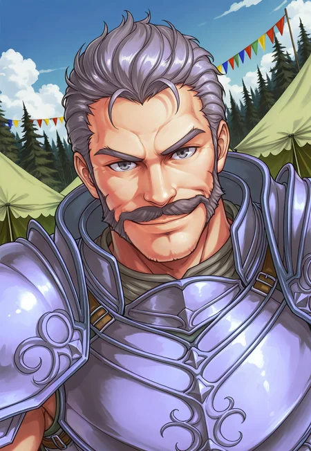 Tauroneo, 1boy, pauldrons, grey hair, grey eyes, mustache, armor, facial hair, blue sky, clouds, forest, medieval fair, tents, outdoor, looking at viewer, smile, portrait, dynamic pose, muscular, pennon flags, dutch angle, mature male, muscular,