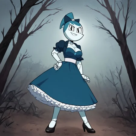 (Masterpiece, best quality:1.2), score_9, score_8_up, flat color, flat shading, soft shading, lighting, Jenny Wakeman as an adult, (((in a 1950's full length formal dark blue dress, a white belt, a fluffy frilly ruffled full white petticoat, and black high heels))), dress, layered petticoat, frilly petticoat, fluffy petticoat, full petticoat, detailed petticoat, wide skirt, detailed outfit, flowing skirt, (((long skirt))), (((solid dark blue colored dress, black high heels))), blue hair, series accurate, cute, best high quality, high res, robot, humanoid robot, (((giant breasts, cleavage))), whole body shot, 1girl, (((solo, outside, in a dark creepy forest, at night, heavy fog surrounding her, fog, heavy fog, looking at you, low angle))), (((evil, evil smile, determined evil eyes, posing gracefully and evilly))), low angle shot, cartoon, cartoon style, vector, solo, circle dress, 1950s, dance dress jenny, jenny wakeman, 1girl, solo, robot joints, black eyes, white skin, ponytail, hair bow, blue rose chest corsage, poofy dress, blue hair, flat lighting,