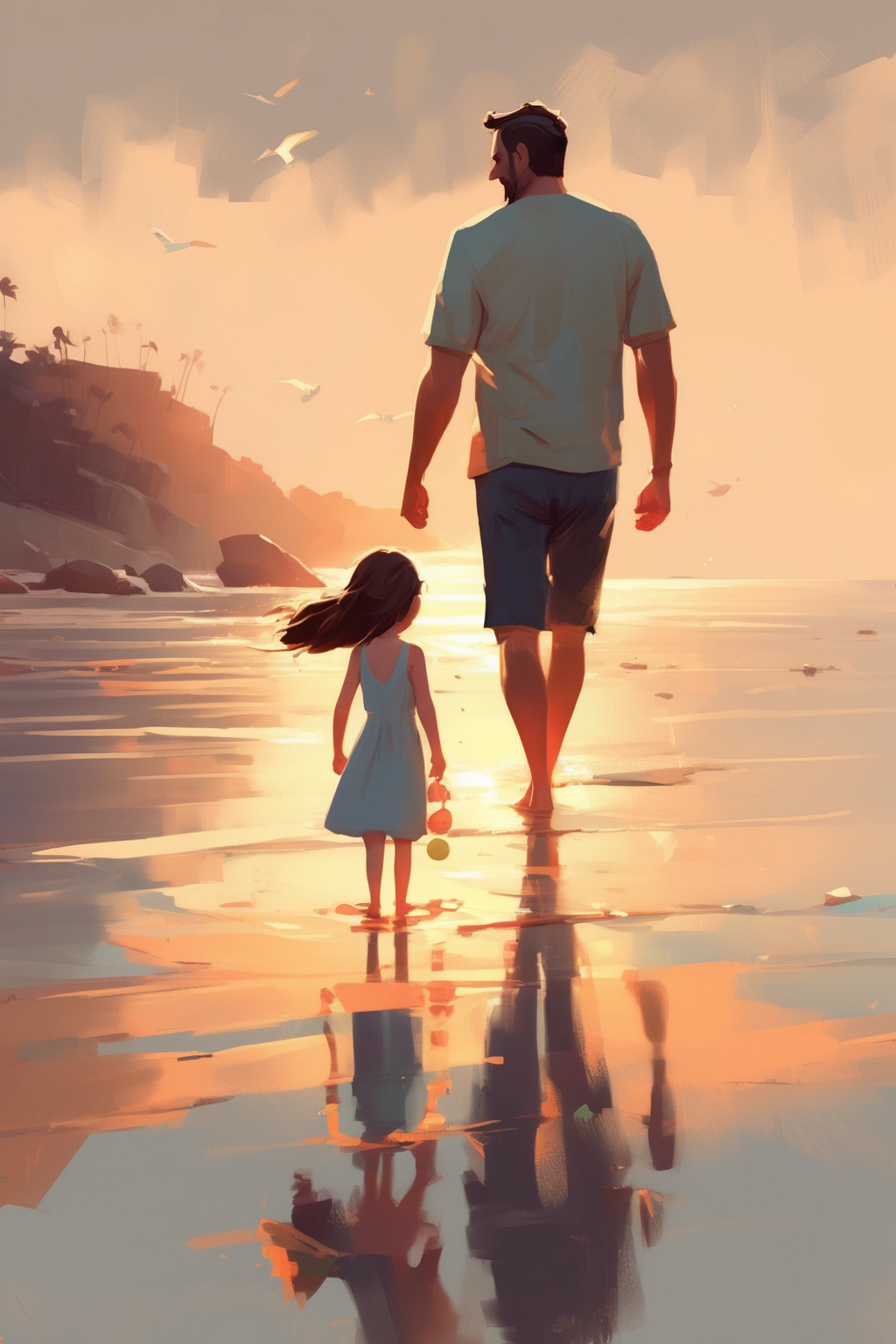 <lora:Atey Ghailan style:1>Atey Ghailan style - illustration of a dad an his girl playing on the beach