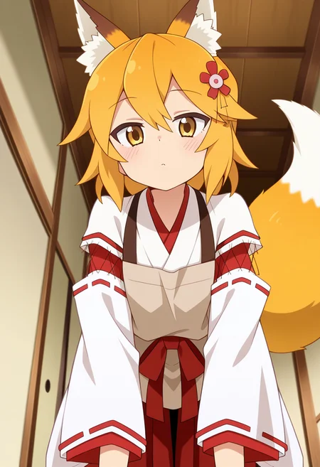 masterpiece, 1girl, ct_s3nko, short hair, blonde hair, yellow eyes, fox ears, fox tail, hair flower, kimono, ribbon trim, brown apron, wide sleeves, detached sleeves, red hakama,  indoors, from below, leaning forward, looking at viewer, <lora:Senko_Illus_ct:1>
