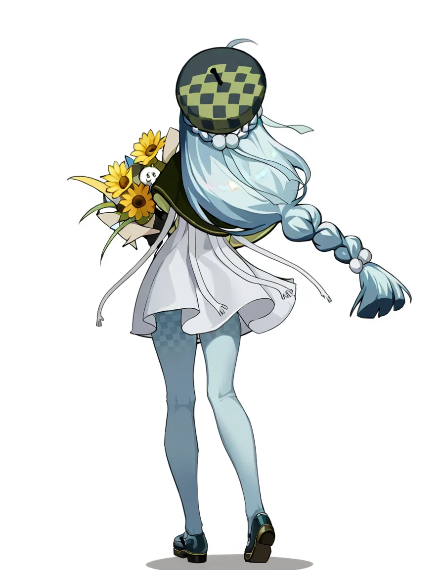 yuebai01,anotherstyle,1girl,solo,hat,long hair,sunflower,white background,braid,flower,full body,from behind,holding,pantyhose,ahoge,blue hair,dress,
<lora:yuebai_noob:1>,masterpiece,best quality,very aesthetic,absurdres,