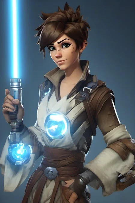 PETracerOW,<lora:PE_TracerOverWatch:1>,
portrait of tracer,freckles,outfit,
wearing jedi clothes,robe,holding a light saber