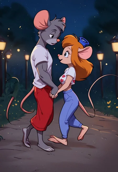 kftenhance, score_9, score_8_up, score_7_up, score_6_up, score_5_up, score_4_up
Night, outdoors, Night city, crowded
1girl, anthro mouse, gadget, medium perky breasts, short blue bra, short blue shorts, flower print, makeup, happy, 3/4 side view, barefoot, break
1boy, mouse anthro, mouse male, male Grey fur, male muscular, male short Red pants, male White t-shirt, break
Duo, 2 charachters
Male and female walking, holding hands
