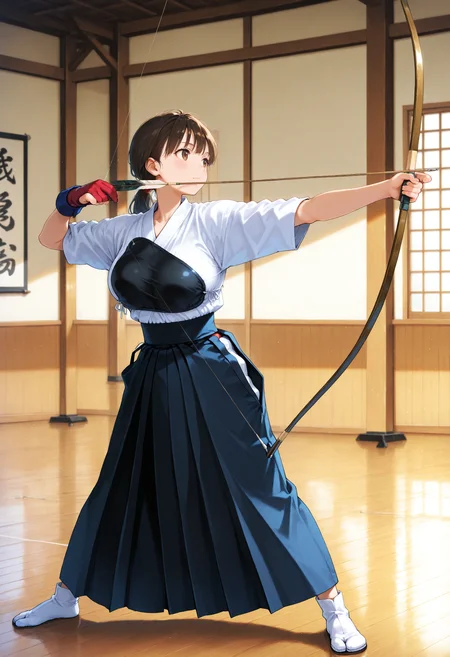 masterpiece,best quality,1girl,full_body,standing,open_stance,indoors,dojo,large breasts,looking to the side BREAK
kyudo-aiming,holding bow \(weapon\),drawing bow,bow_string,arrow \(projectile\),aiming,partially fingerless gloves,yugake,closed mouth,kyuudougi,hakama,hakama skirt,tabi,muneate,<lora:kyudo-aiming-NAIePred:1>,