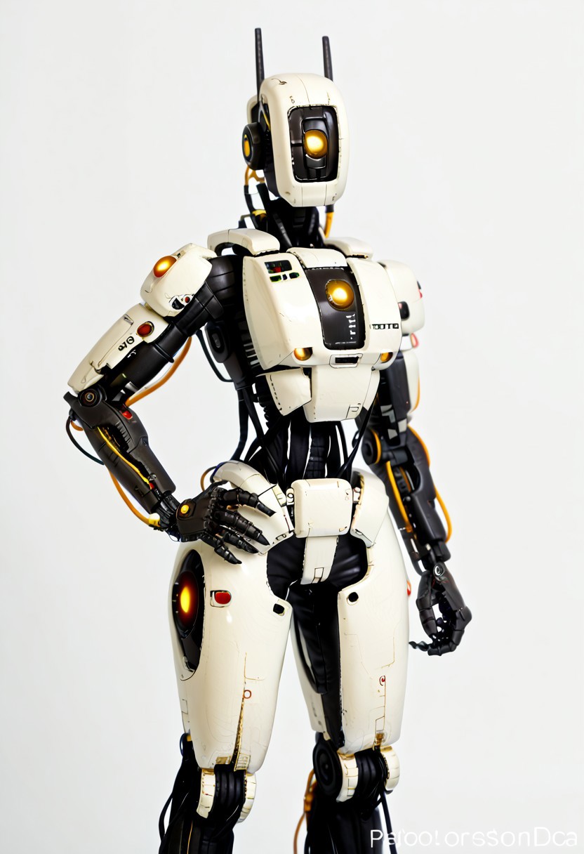 score_9, score_8_up, score_7_up, score_6_up, score_5_up, score_4_up, Anthro_Glados, Glados, general, solo, looking at viewer, standing, yellow eye, sketch, hand on hip, no humans, looking down, robot, wires, cables, clenched hand, science fiction, one-eyed, humanoid robot, redesign, photoshoot, studio lighting, mecha, robotics, mechanical parts