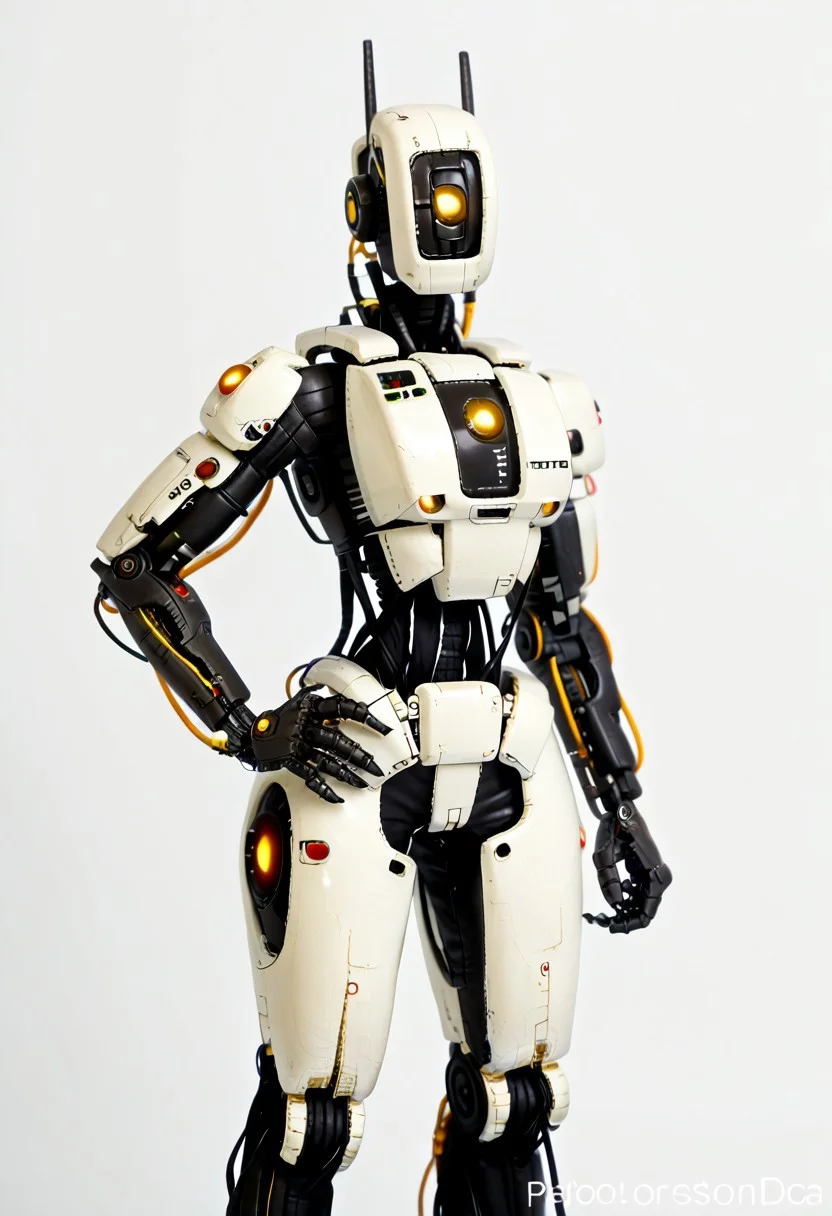 score_9, score_8_up, score_7_up, score_6_up, score_5_up, score_4_up, Anthro_Glados, Glados, general, solo, looking at viewer, standing, yellow eye, sketch, hand on hip, no humans, looking down, robot, wires, cables, clenched hand, science fiction, one-eyed, humanoid robot, redesign, photoshoot, studio lighting, mecha, robotics, mechanical parts