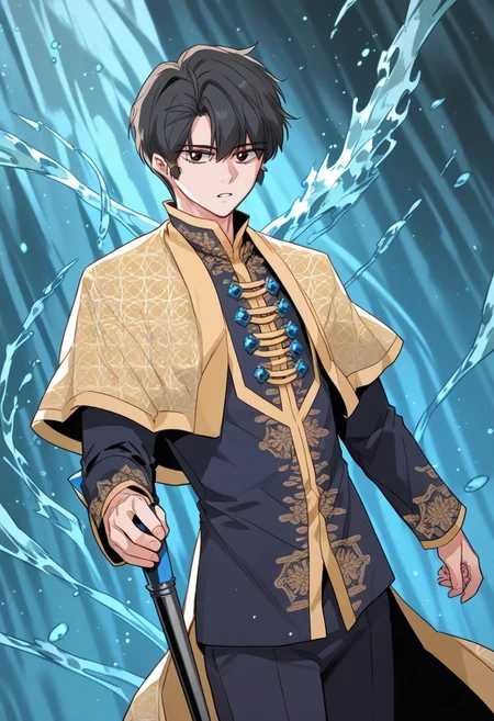 zPDXL3, score_9_up, score_8_up, score_7_up, (Anime_source), 1boy, PadriusEncilion, dark eyes, dark grey hair, short hair, Padrius clothes, holding staff, Encilion staff, cowboy shot, looking at viewer, floating hair, parted lips, particles, dutch angle, water, aura