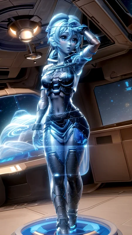 masterpiece, (1girl, cortana), holographic clothing, (((HologramCzar, translucent, translucent skin, blue skin))), BREAK, <lora:translucent_skin:1>
space station, <lora:Hologram:1> <lora:cortana_xl_v1:1> <lora:add_detail:1>, masterpiece, best quality, hyperrealistic, extremely detailed, highly quality, 4k, sharp focus, professional photograph, sharp focus, award winning, cinematic lighting, octane render, unreal engine, volumetrics dtx, Wallpaper,