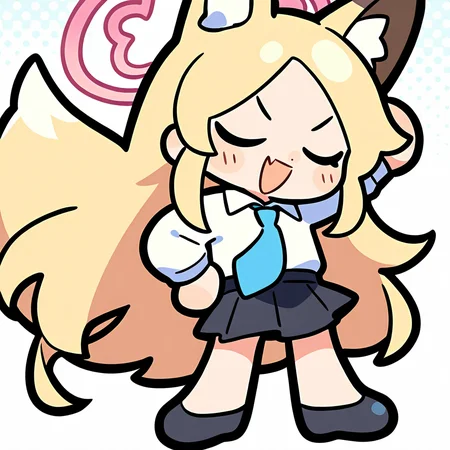 1girl, 
solo, simple background, white background, chibi, full body, pose, shoes, fox tail, standing, :d, pleated skirt, black skirt, sidelocks, white shirt, open mouth, smile, animal ears, long hair, halo, tail, very long hair, closed eyes, blonde hair, shirt, hand on own hip, miniskirt, v-shaped eyebrows, blue necktie, long sleeves, skirt, arm up, blush stickers, skin fang, fang, black footwear, necktie, animal ear fluff, pink halo, fox girl, school uniform,
masterpiece, best quality, very aesthetic, newest, absurdres, incredibly absurdres
 <lora:luodedaonoob-000006:1>