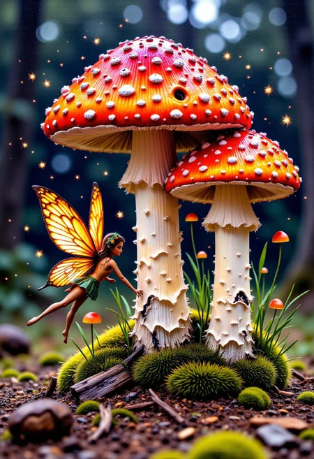 “Intricate miniature painting of a hidden faerie sanctum beneath mushroom caps, luminous watercolor gradients on fungi, fine pen‑and‑ink detailing on fairy wings, tiny copper‑foil sparkles in spores, lush bleed‑off composition.”
, aidmaHiDreamStyle, aidmaHyperrealism,