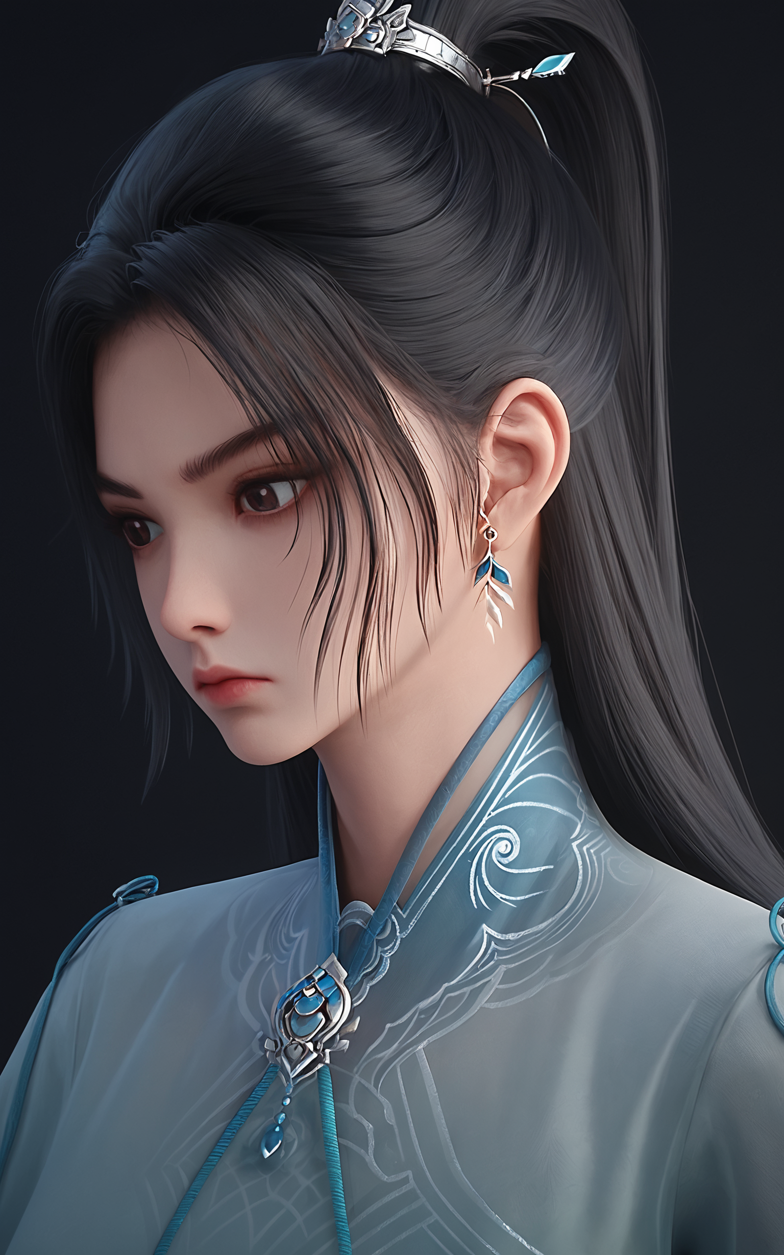 score_9,score_8_up,score_7_up,
<lora:ningyaoPony-000001:1>,
ningyao,1girl,solo,jewelry,earrings,long hair,dress,upper body,black hair,hair ornament,simple background,chinese clothes,closed mouth,blue dress,ponytail,expressionless,hair bun,dark background,