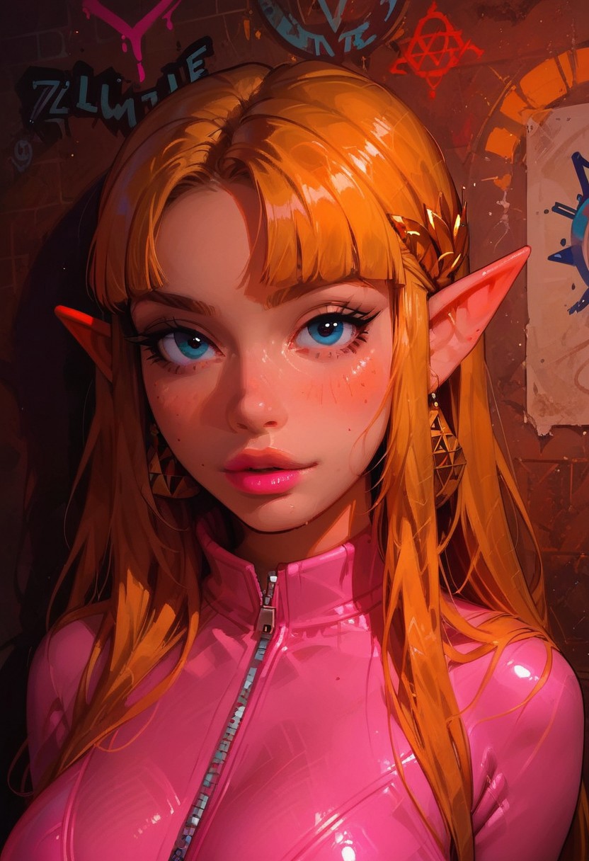 score_9, score_8_up, score_7_up, score_6_up, upper body focus, masterpiece, high quality, dramatic lighting, dark motel, dirty motel background, graffiti, hole in wall, Princess Zelda as a c1ub51ut, 1girl, blunt bangs, blonde hair,(slutty outfit)(pink outfit) (catsuit, zipper open down to crotch, skindentation,), pink lipstick, huge breasts, blue eyes, alluring gaze
BREAK, sexy pose, cowboy shot, looking at viewer, dynamic poses,