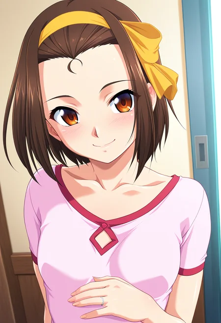 masterpiece, best quality, amazing quality, 1girl, solo, (portrait:1.2), misaoww, brown eyes, brown hair, short hair, forehead, yellow ribbon, yellow hairband, small breasts, wedding ring, casual, collarbone, pink shirt, looking at viewer, smile, indoors, skindentation, detailed clothing folds, depth of field, sharp, high contrast, dynamic light <lora:Matsumori_Misao_Tonarizuma2_ill:0.9>
