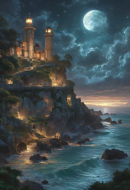 A captivating night scene illustration featuring an ancient lighthouse standing tall on a rocky island. The lighthouse, adorned with multiple windows, emits a warm glow, highlighting its intricate architecture and rich history. The rocky island is covered in lush green trees, reflecting on the calm, moonlit sea waters that mirror the silvery moonlight. The full moon graces the sky, casting an ethereal glow on the clouds and sea, while wispy clouds partially obscure its brilliance, adding to the scene's mystique. Twinkling stars dot the sky, creating a celestial tapestry that harmonizes with the moon's radiance. This enchanting artwork captures a serene and peaceful night, where the illuminated lighthouse stands resolute amidst the celestial beauty, creating a cinematic experience., illustration, cinematic
<lora:DonM3t3rn1tyXL-v1.1:0.7>, DonM3t3rn1tyXL,
OverallDetailXL  <lora:MJ52:0.3>  <lora:SDXLFaeTastic2400:0.4>  <lora:EpicF4nta5yXL:0.7>