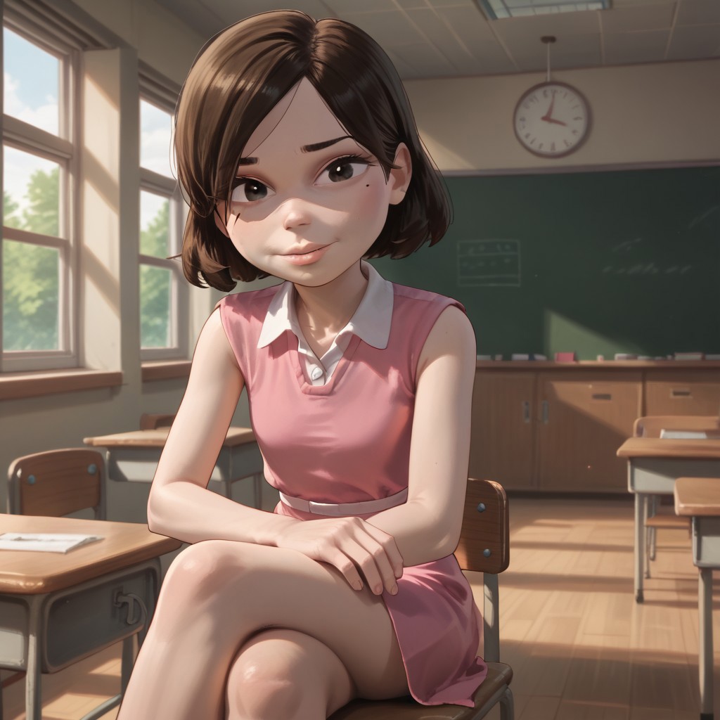score_9, score_8, score_7, break, solo,betty_jn, brown hair, short hair, black eyes, mole, pink dress, classroom, sitting, crossed legs, looking at viewer