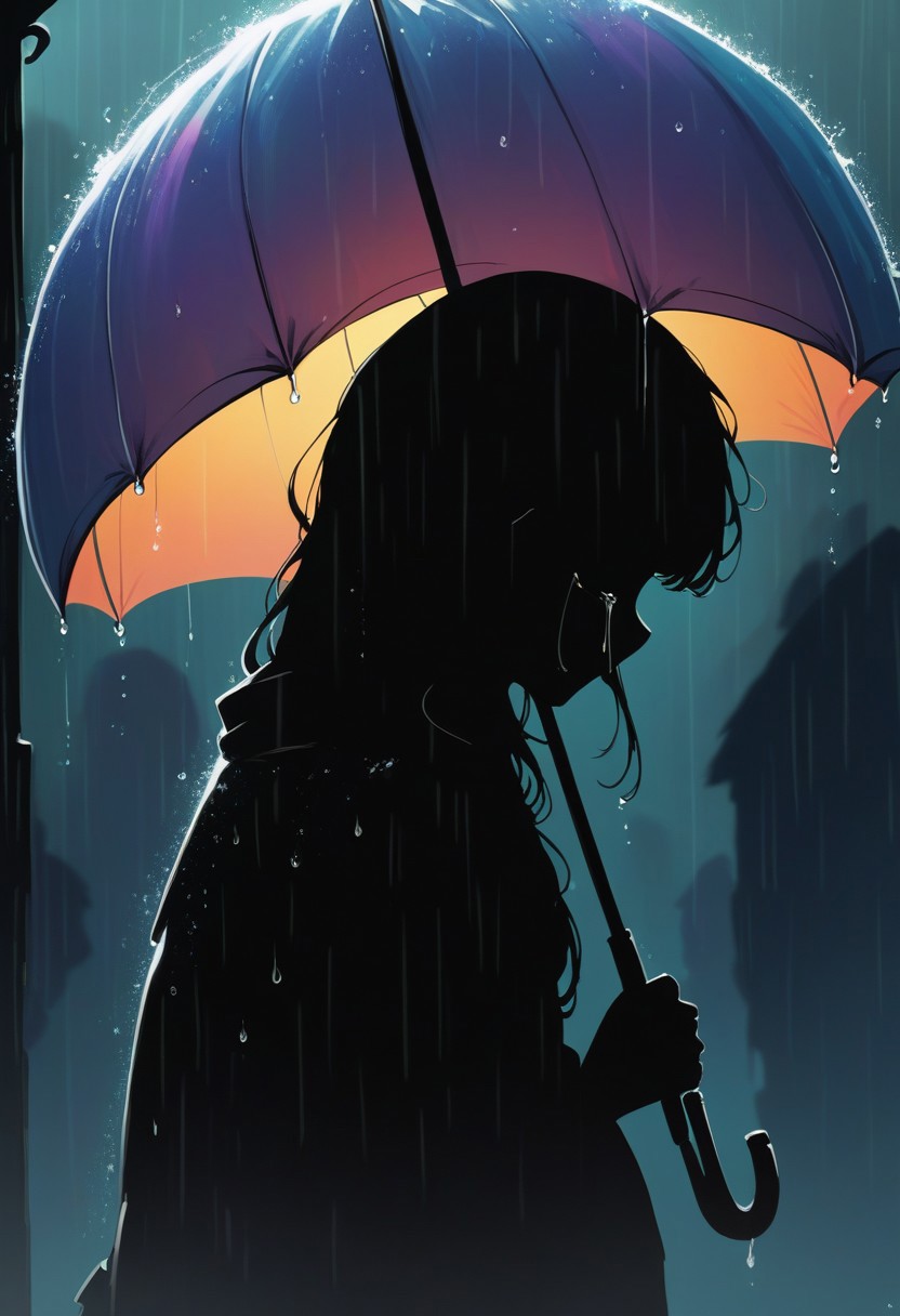 score_9, score_8_up, score_7_up, score_6_up, A hyper-detailed sketch of a woman ayaka silhouette holding an umbrella in the rain. The raindrops are glittery and sparkle. The woman is crying. The background is just rain. The illustration is hand-signed by the artist with the initials