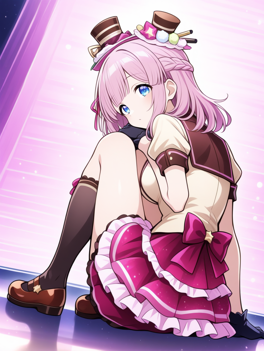 perfect quality,best quality,absolutely eye-catching,ambient occlusion,raytracing BREAK
1girl,<lora:miki utahosi IL v1.1:0.8>,utahosi,pink hair,medium hair,blue eyes,hat,hair ornament,idol,alternate costume,short sleeves,frilled skirt,kneehighs,mary janes,black gloves,solo,, from behind,cowboy_shot,lying,head_rest,arm_support,knees_to_chest,
