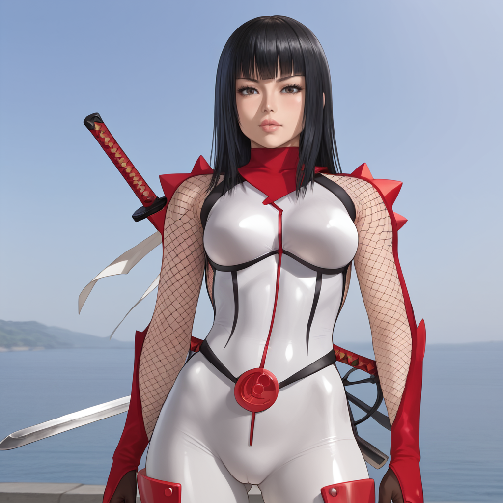 <lora:hibana_pony_v1:.8> HibanaNonHelmet, 1girl, white bodysuit, black hair, ninja, sword behind back, fishnets, lips, long hair, gloves, large breasts, skin tight, bangs