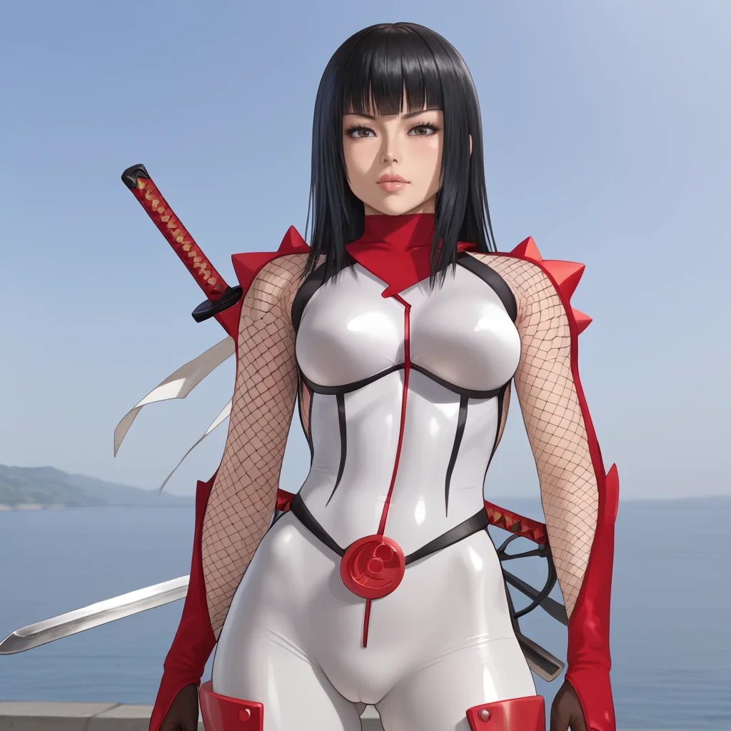 <lora:hibana_pony_v1:.8> HibanaNonHelmet, 1girl, white bodysuit, black hair, ninja, sword behind back, fishnets, lips, long hair, gloves, large breasts, skin tight, bangs