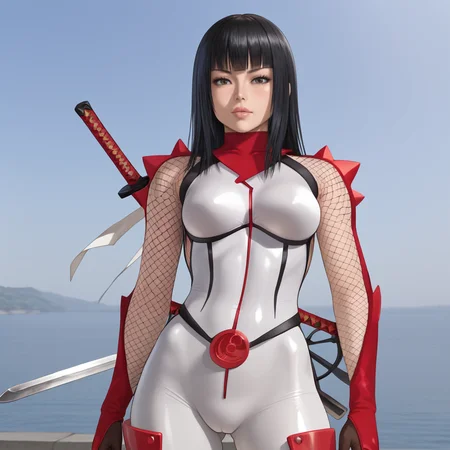 <lora:hibana_pony_v1:.8> HibanaNonHelmet, 1girl, white bodysuit, black hair, ninja, sword behind back, fishnets, lips, long hair, gloves, large breasts, skin tight, bangs