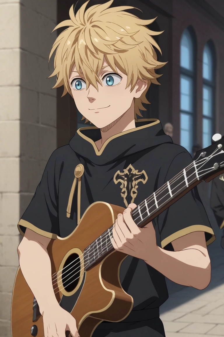 score_9, score_8_up, score_7_up, , rating_safe, , anime screencap, anime coloring, official style, , depth of field, 1boy, solo, male focus, <lora:luck_voltia_pony:0.84>, luck_voltia, blonde hair, blue eyes, short hair, hair between eyes, rule of thirds, town, suburbs, indoors, dark, holding instrument, laughing, , <lora:sdxl_lightning_8step_lora:1>