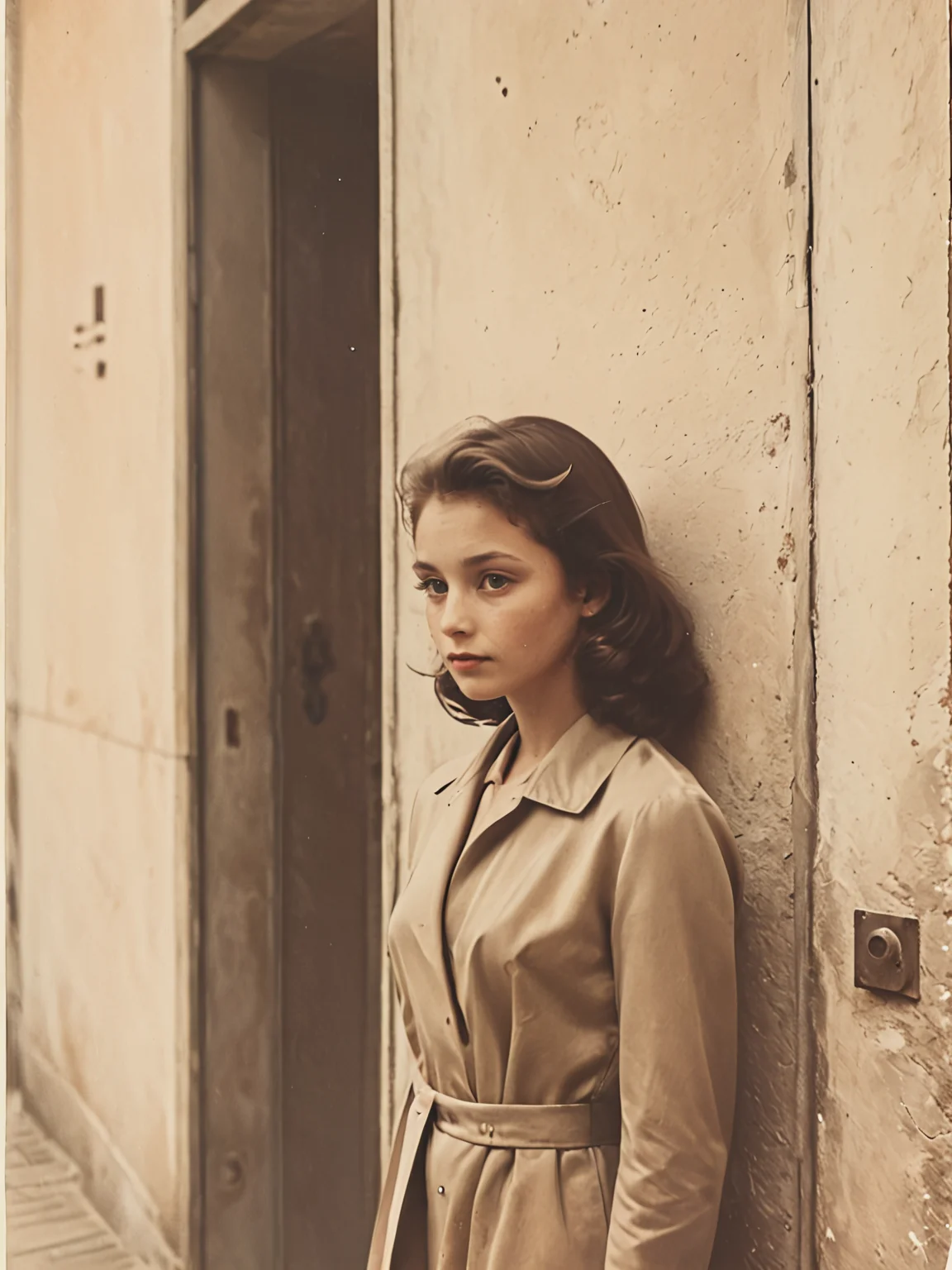 35mm Vintage photo of, young lady staying near entrance Door Wall, <lora:Vintage_Street_Photo:0.8>