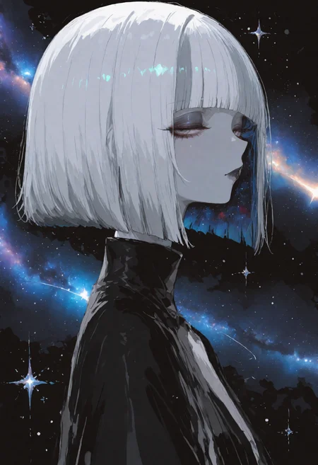 masterpiece, best quality, newest, absurdres, highres, very awa, anime screencap, no lineart:1.3, sketch, painting \(medium\), acrylic paint \(medium\), perspective, galaxy, star \(symbol\), ambient occlusion, depth of field, intricate background, ethereal glow, ethereal particles, dappled light, solo, 1girl, looking at viewer, multicolored hair, grey skin, grey hair, turtleneck, bob cut, portrait, short hair, eyelashes, profile, blunt bangs, makeup, sideways glance, from side, colored skin, two-tone hair, blunt ends, grey eyes, black lips, close-up, closed mouth, eyeshadow, half-closed eyes