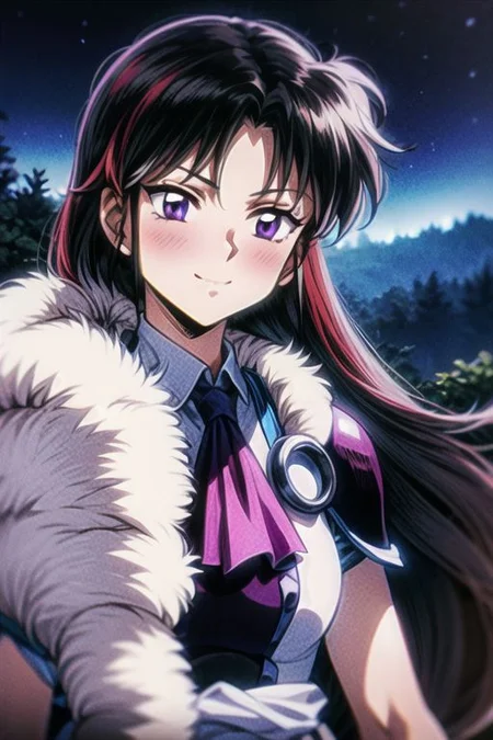 best quality 1girl Setsun4 solo long hair, (night time) forest background black hair very long hair purple eyes multicolored hair armor, small, (fur trim) (medium body),<lora:EMS-179-EMS:0.800000>,<lora:EMS-293862-EMS:0.800000> bow, hair_bow, hair_tubes, red_bow, brown_hair, long_hair, bangs, ascot, frilled_bow, yellow_ascot, blush, smile, hair_between_eyes, athletic, armor, miko, Smiling, happy,
