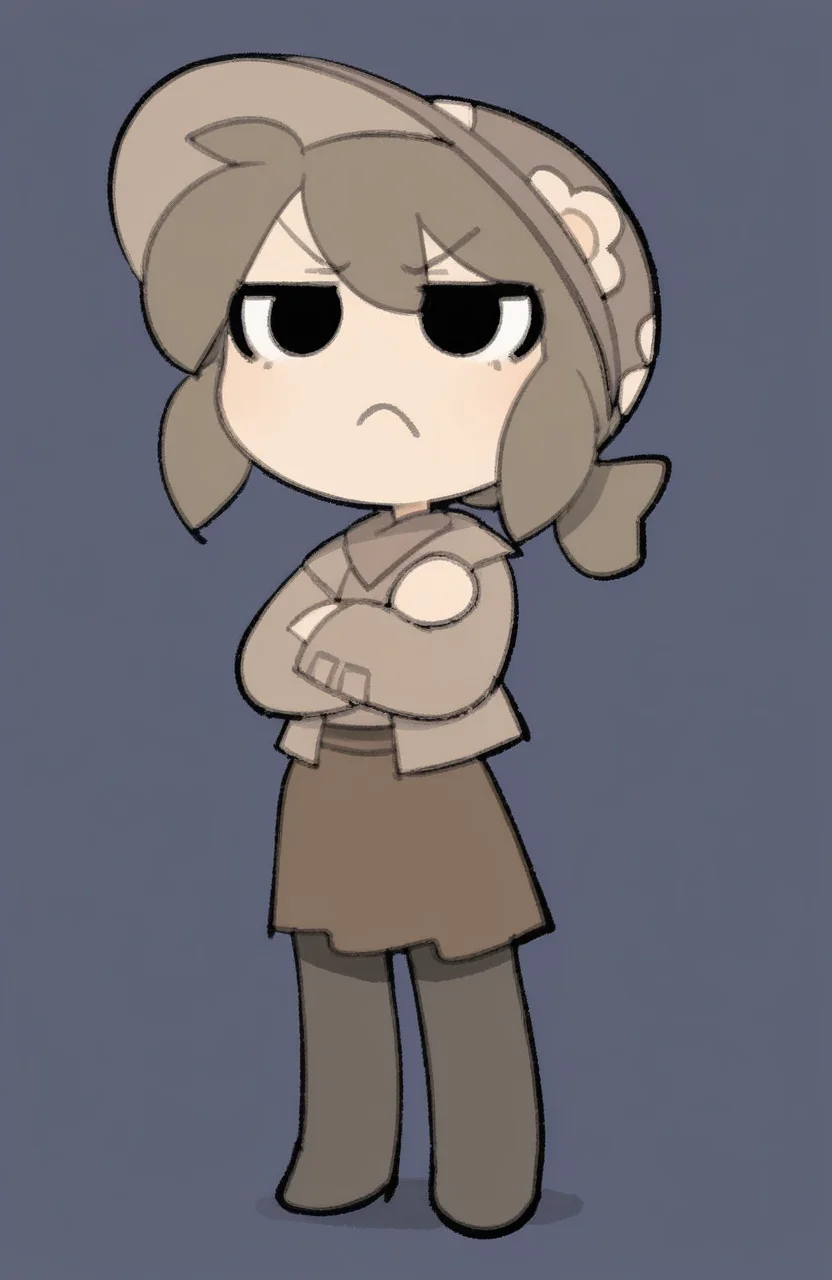 1girl, solo, <lora:TemmieChang:1> tmchng, standing, arms folded, slight frown, eyes rolling, annoyed expression
brown hair, low ponytail, brown hat, brown jacket, brown shirt, brown skirt, black pantyhose, black eyes, chibi,, extremely detailed, highres, masterpiece, best quality