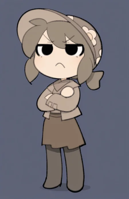 1girl, solo, <lora:TemmieChang:1> tmchng, standing, arms folded, slight frown, eyes rolling, annoyed expression
brown hair, low ponytail, brown hat, brown jacket, brown shirt, brown skirt, black pantyhose, black eyes, chibi,, extremely detailed, highres, masterpiece, best quality