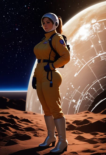 score_9, score_8_up, score_7_up,masterpiece, (high quality),(detailed background),highly detailed,ultra-detailed,source_anime,1girl, solo, standing, voluptuous, astronaut, shiny astronaut suit, confident expression, brown hair, ponytail, brown eyes, helmet, gloves, high-heeled boots, technology in background, floating in space, stars, galaxies, space debris, big ass,perfection,dim light, low light, dramatic light, partially covered in shadow, perfect body, nice body,depth of field, cinematic lighting, detailed clothes realistic,<lora:add-detail-xl:2>,Low-key lighting,<lora:hand 4:0.7>,<lora:curvature slider_last:8>,<lora:xl_more_art-full_v1:1>,<lora:Fant5yP0ny:0.8>