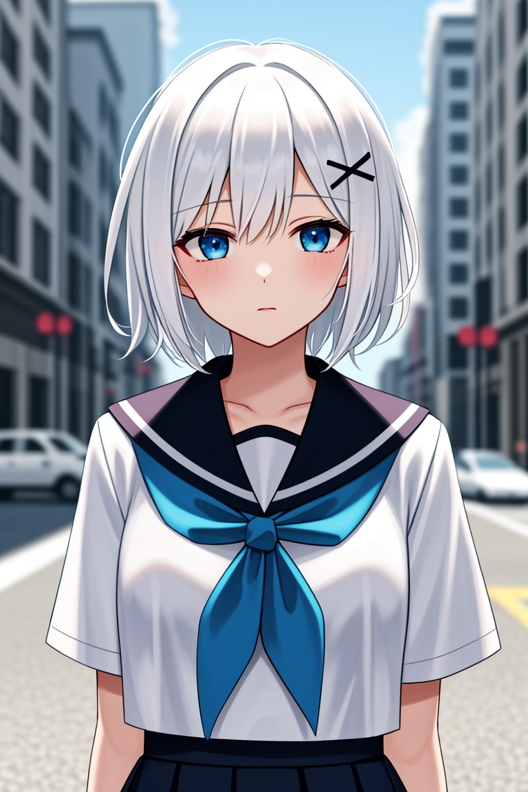 1girl, short hair, (white hair:1.2), x hair ornament, blue eyes, 
outdoors, detailed background, city, 
neckerchief, 
serafuku, 
 <lora:SiestaV1.0-000001:1> siesta diad,, <lora:LCM_LoRA_Weights_SD15:1>