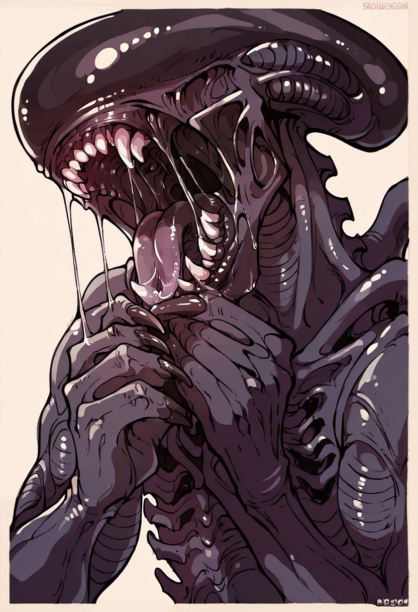 score_9, score_8_up, score_7_up, score_6_up, xenomorph l1ckp4p3r, solo, sharp teeth, drool, saliva, saliva string,